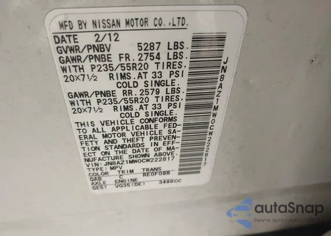 2012 Nissan Murano Le from USA, damaged, VIN JN8AZ1MW0CW222817